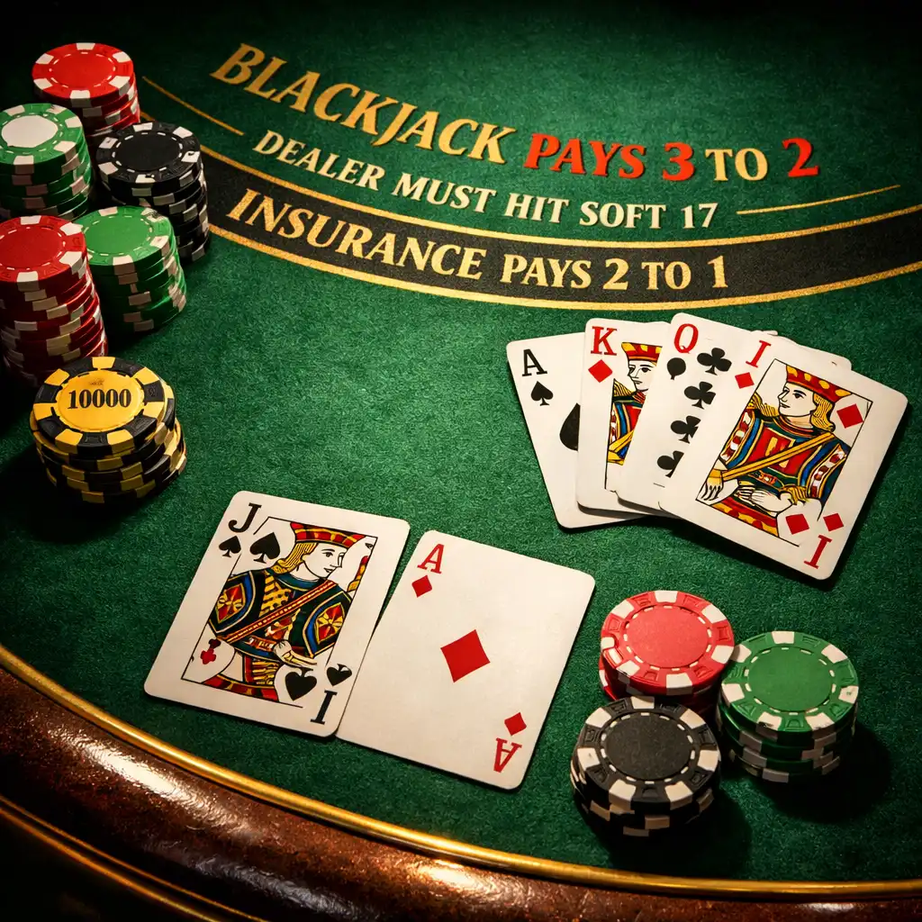 Close-up of a blackjack table with colourful chips and playing cards