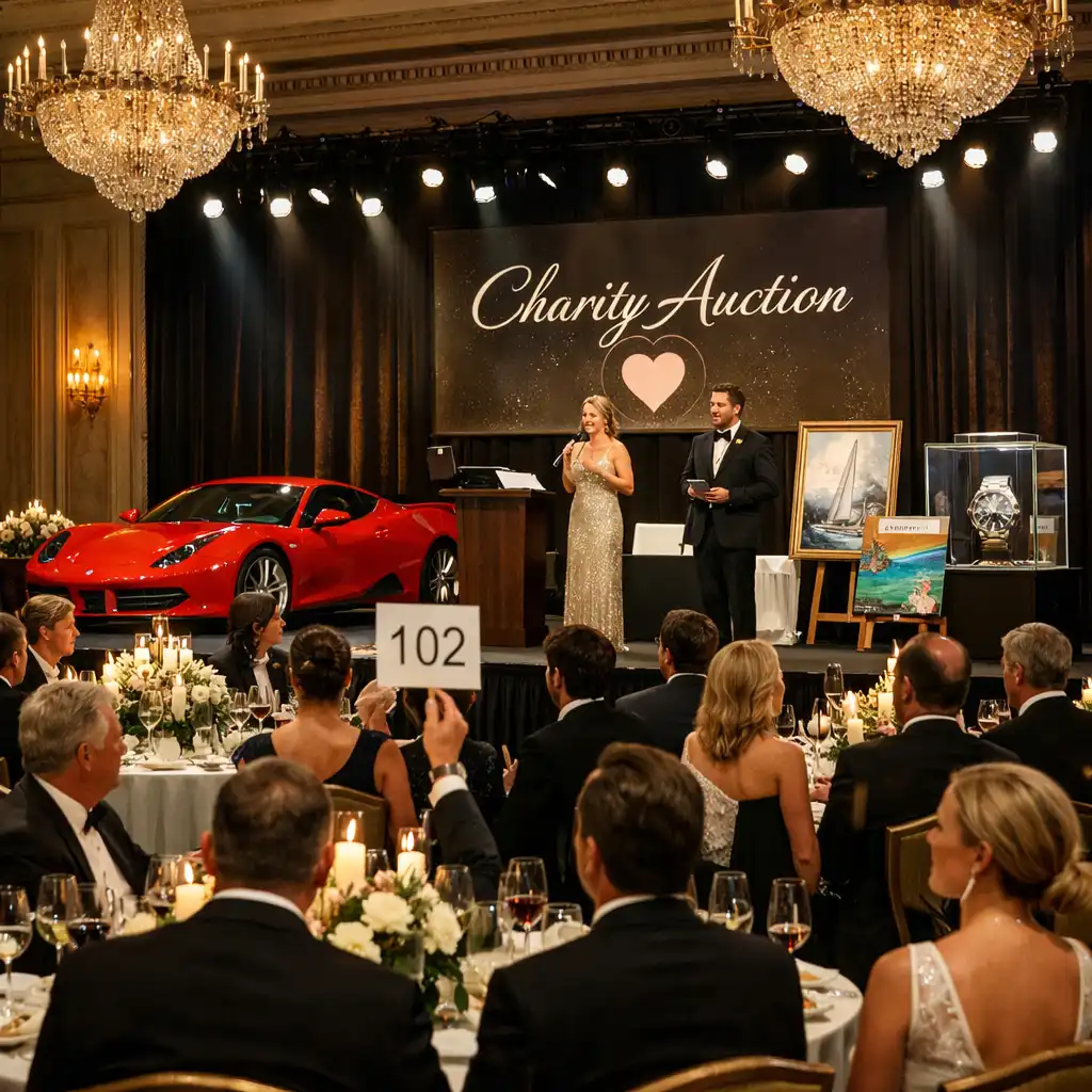 Grand charity gala hall with stage, auction area, and elegant guests