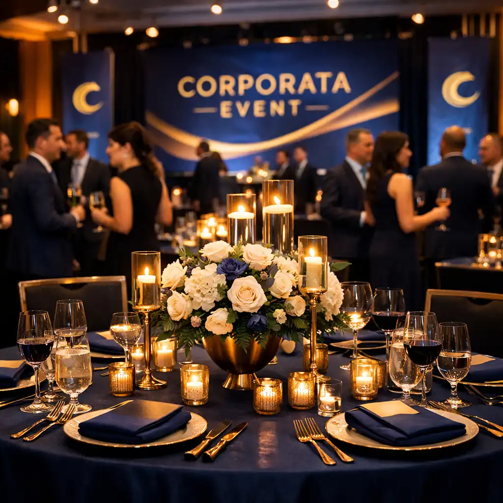 Elegant corporate event table with branded signage and ambient lighting