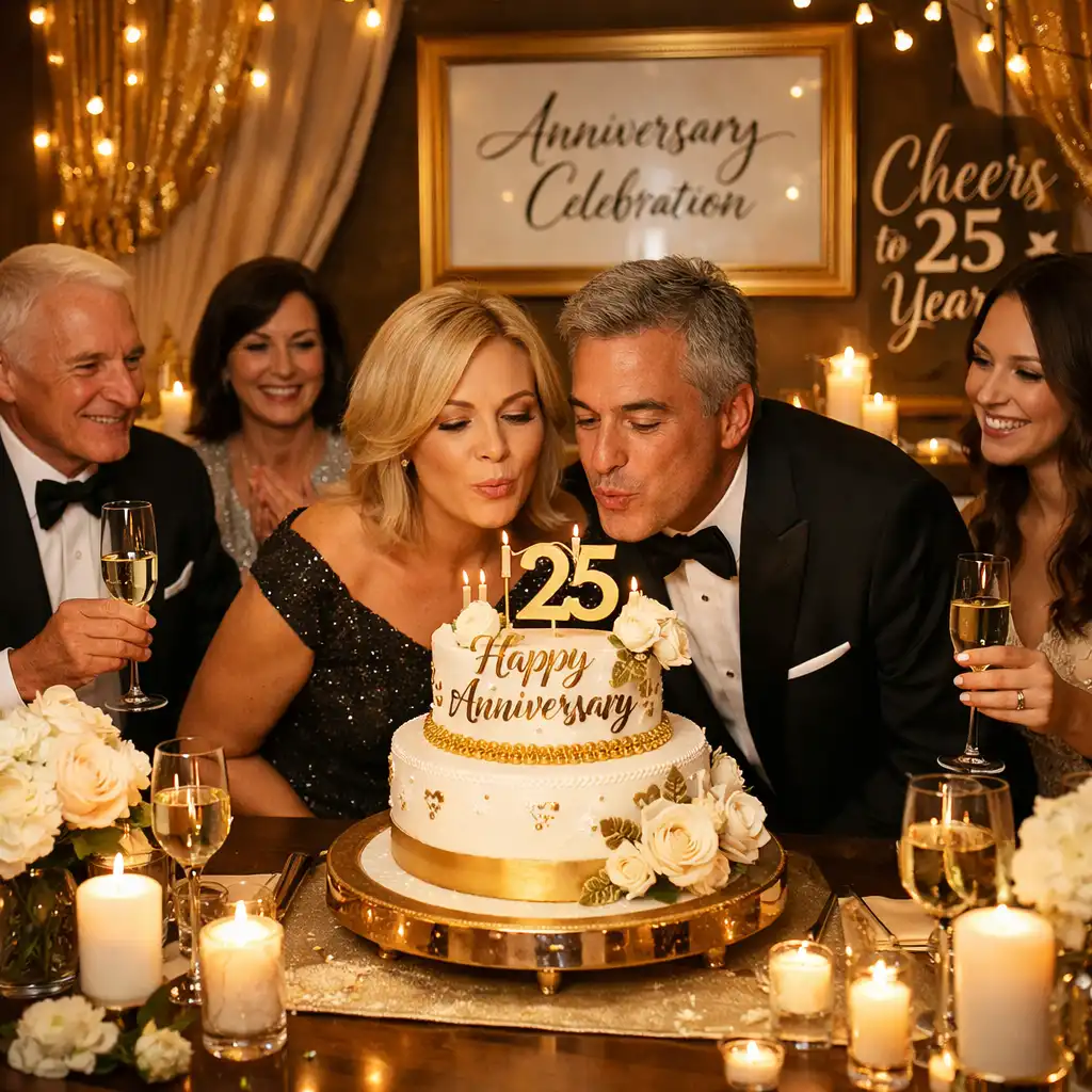 Intimate VIP anniversary celebration with decorated cake and warm gold lighting
