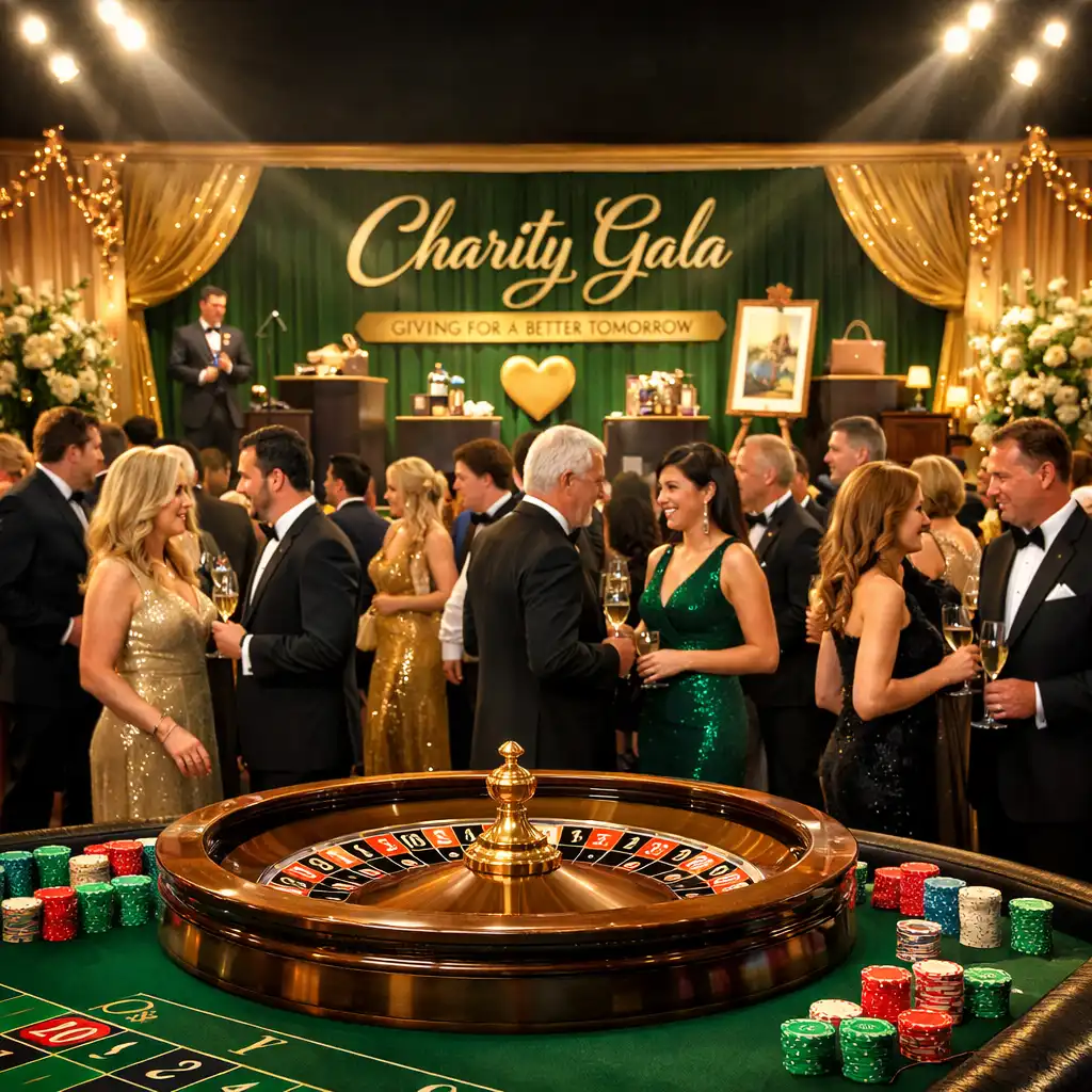 Charity gala with elegant guests and a roulette table