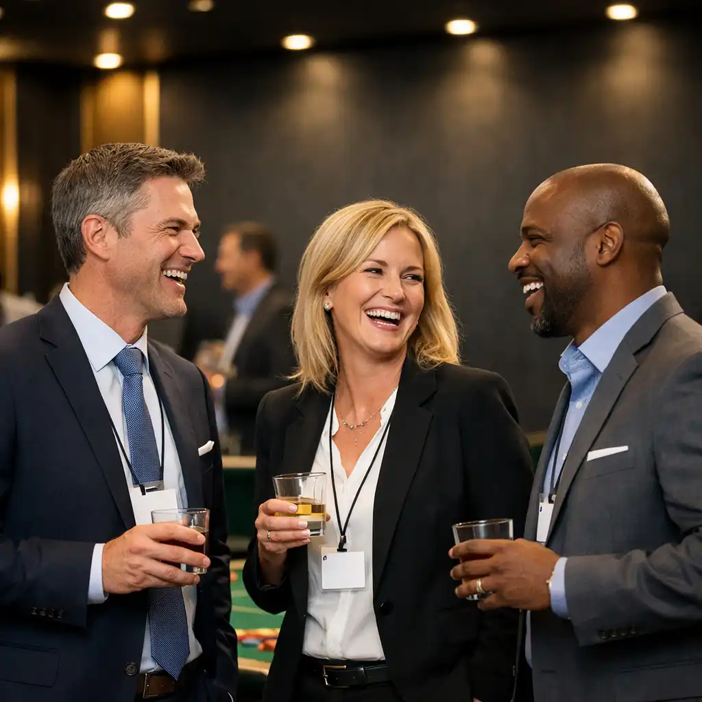 Corporate professionals networking near a casino table