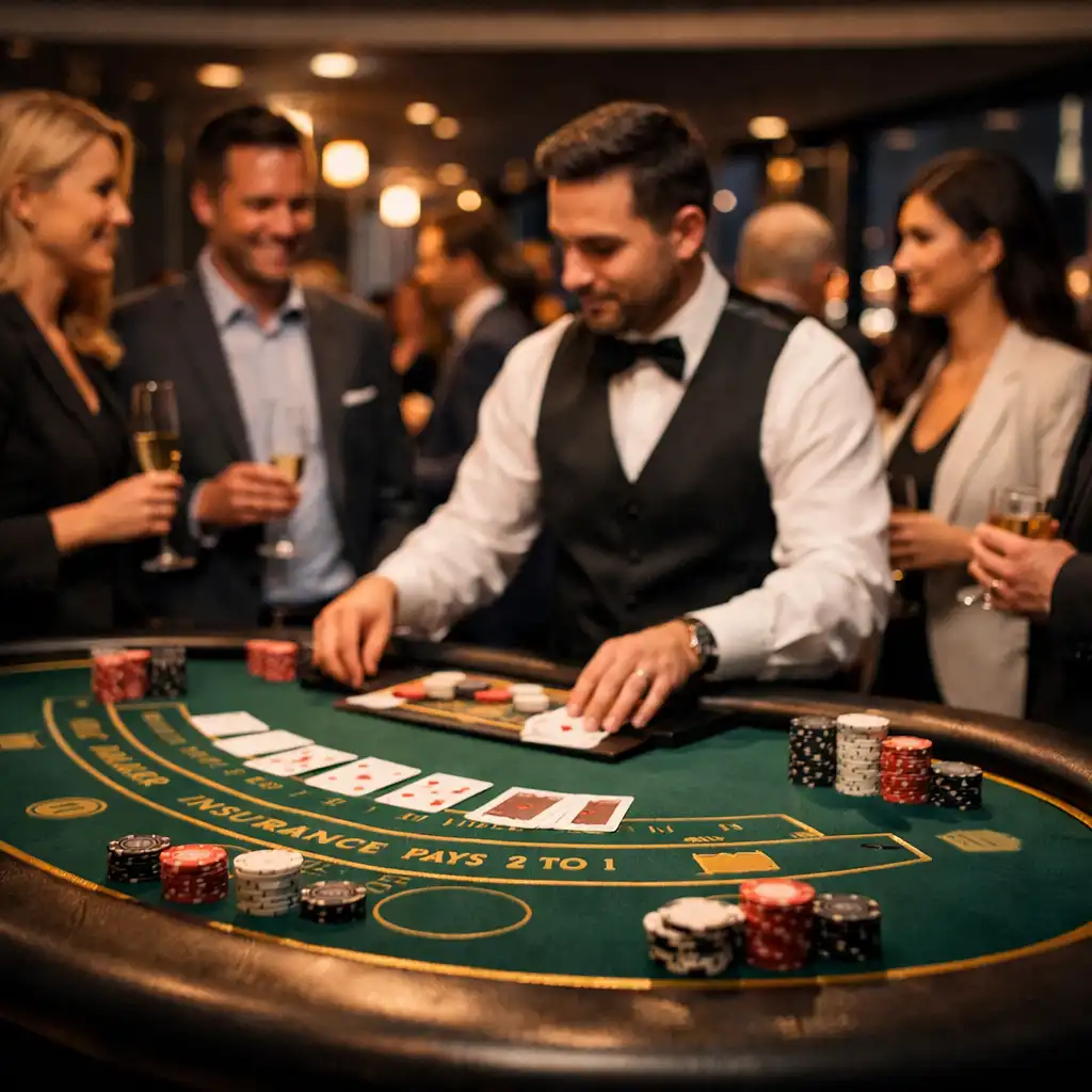 Guests in business attire networking around an elegant casino table at a corporate event