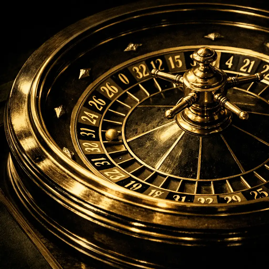 Vintage casino roulette wheel with gold accents on a felt green table