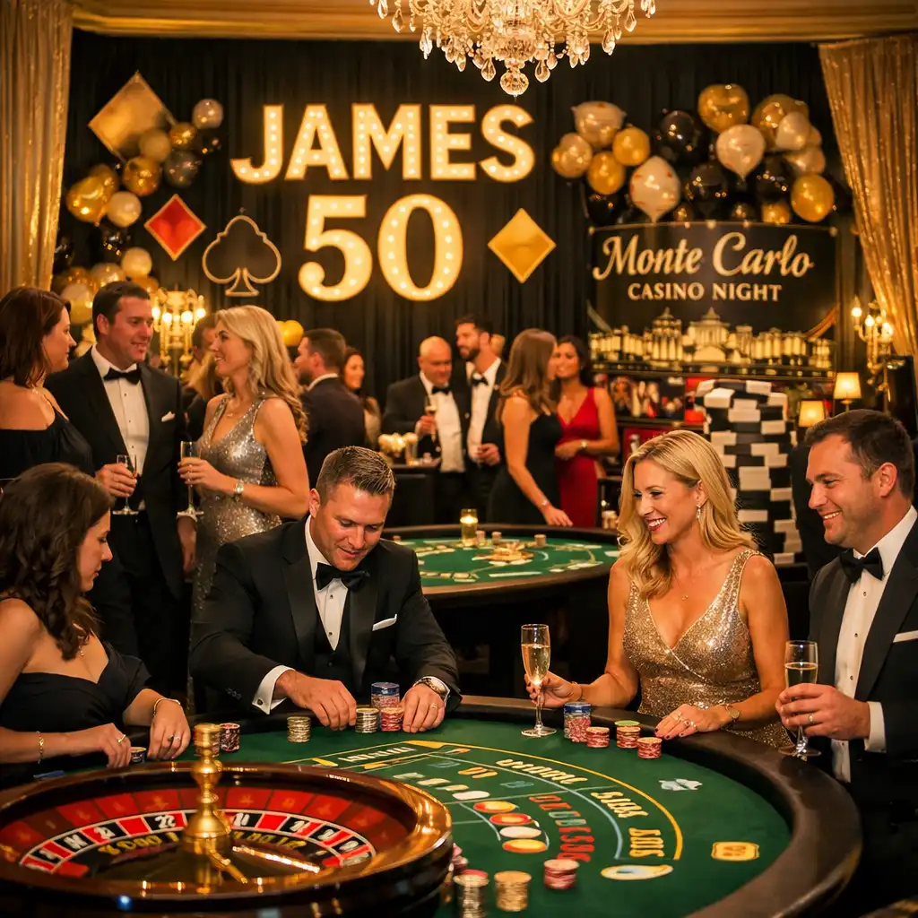 50th birthday celebration in a private Cheshire estate with Monte Carlo-themed casino night