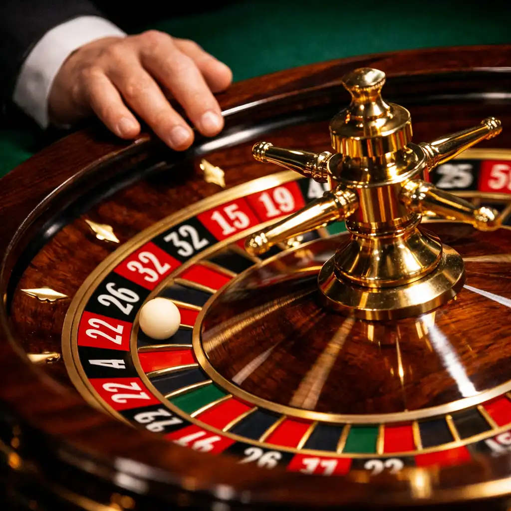 Close-up of a roulette wheel in motion with felt green table and gold details