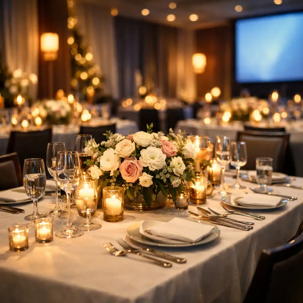 Beautifully set dinner table at a corporate event with floral centrepieces