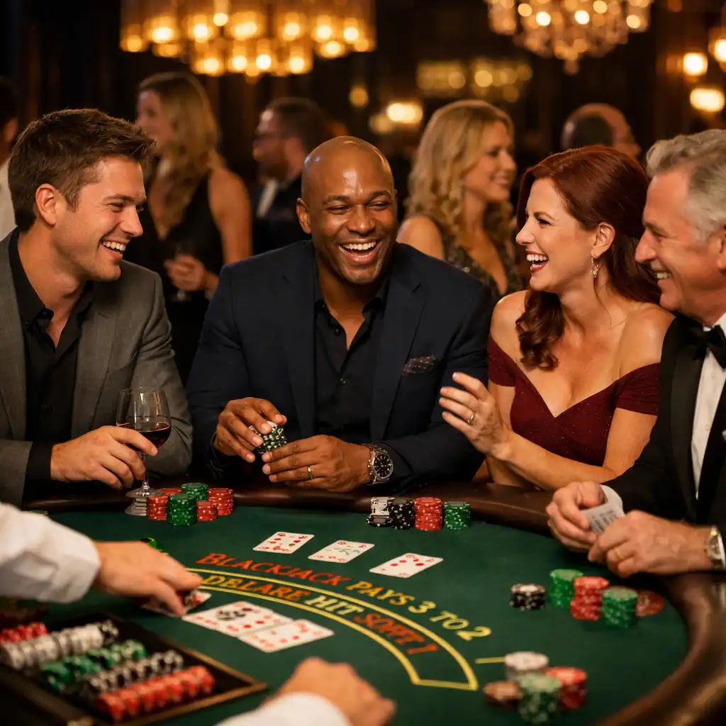 Guests enjoying a casino night with a blackjack table in the foreground