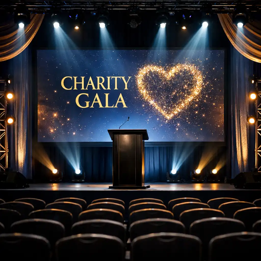 Stage setup at a charity gala with podium, large screen, and dramatic lighting