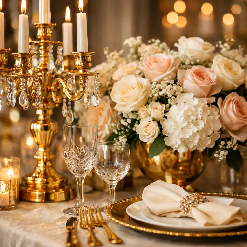 Detail of event decor with gold candelabras and floral arrangements