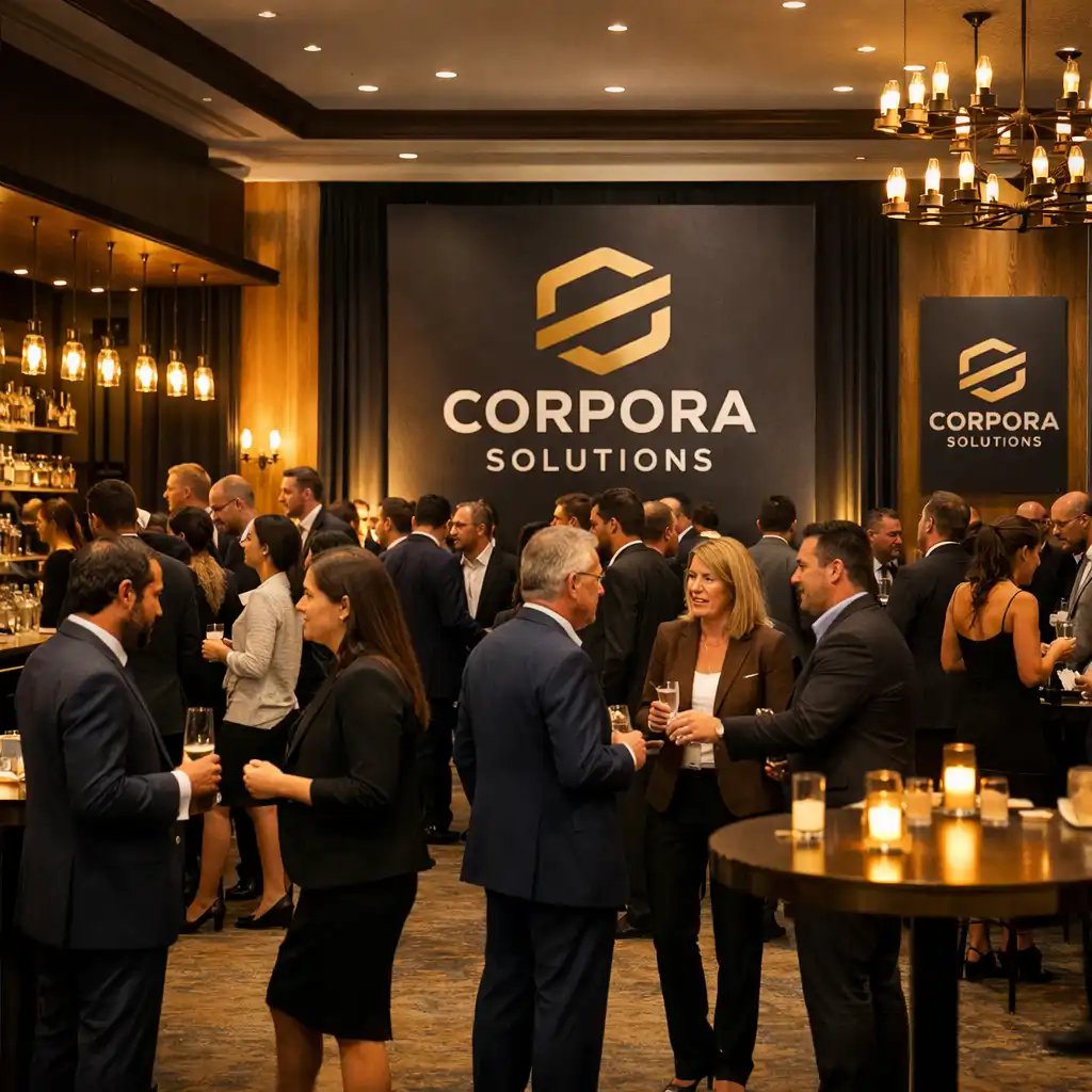 Wide shot of a corporate event venue with guests networking and branded signage