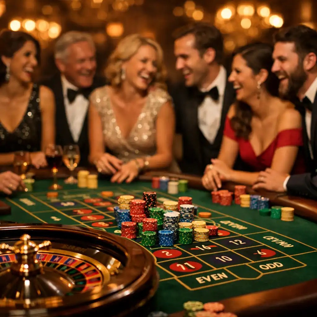 Guests in formal attire enjoying a roulette table at a Crownfelaro event