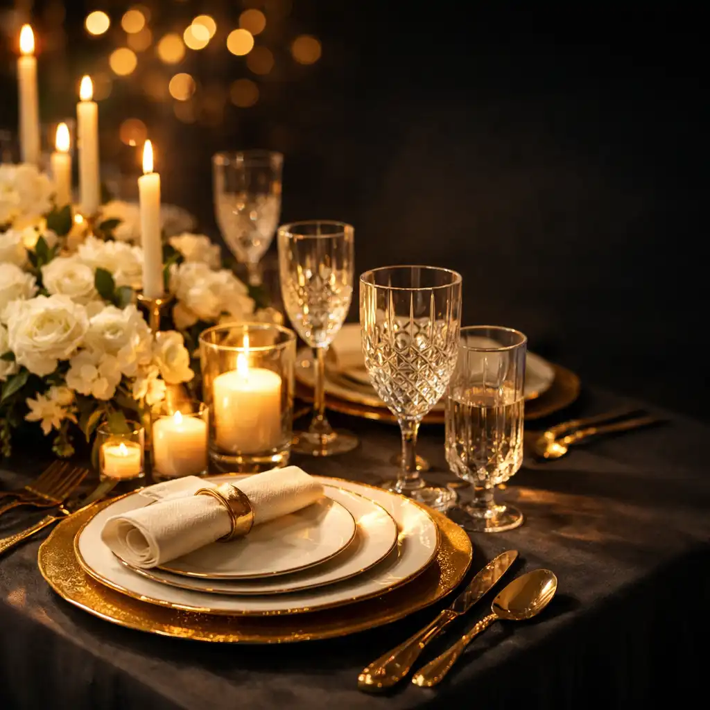 Elegantly set event table with gold-rimmed plates, crystal glasses, and candlelight