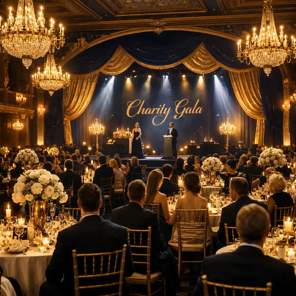 Grand charity gala in a historic ballroom with gold drapery, chandeliers, and formally dressed guests