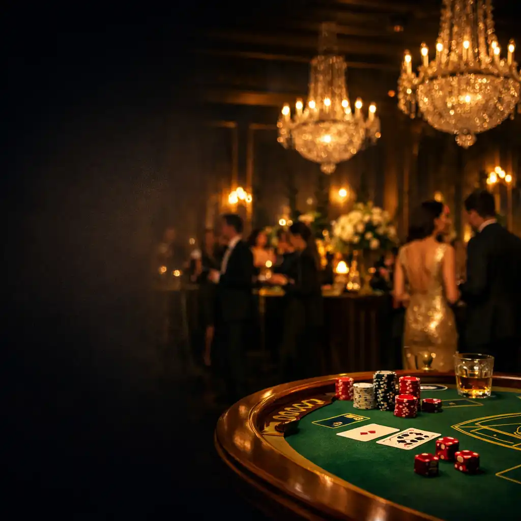 Luxurious Crownfelaro event setup with casino table and elegant ballroom lighting