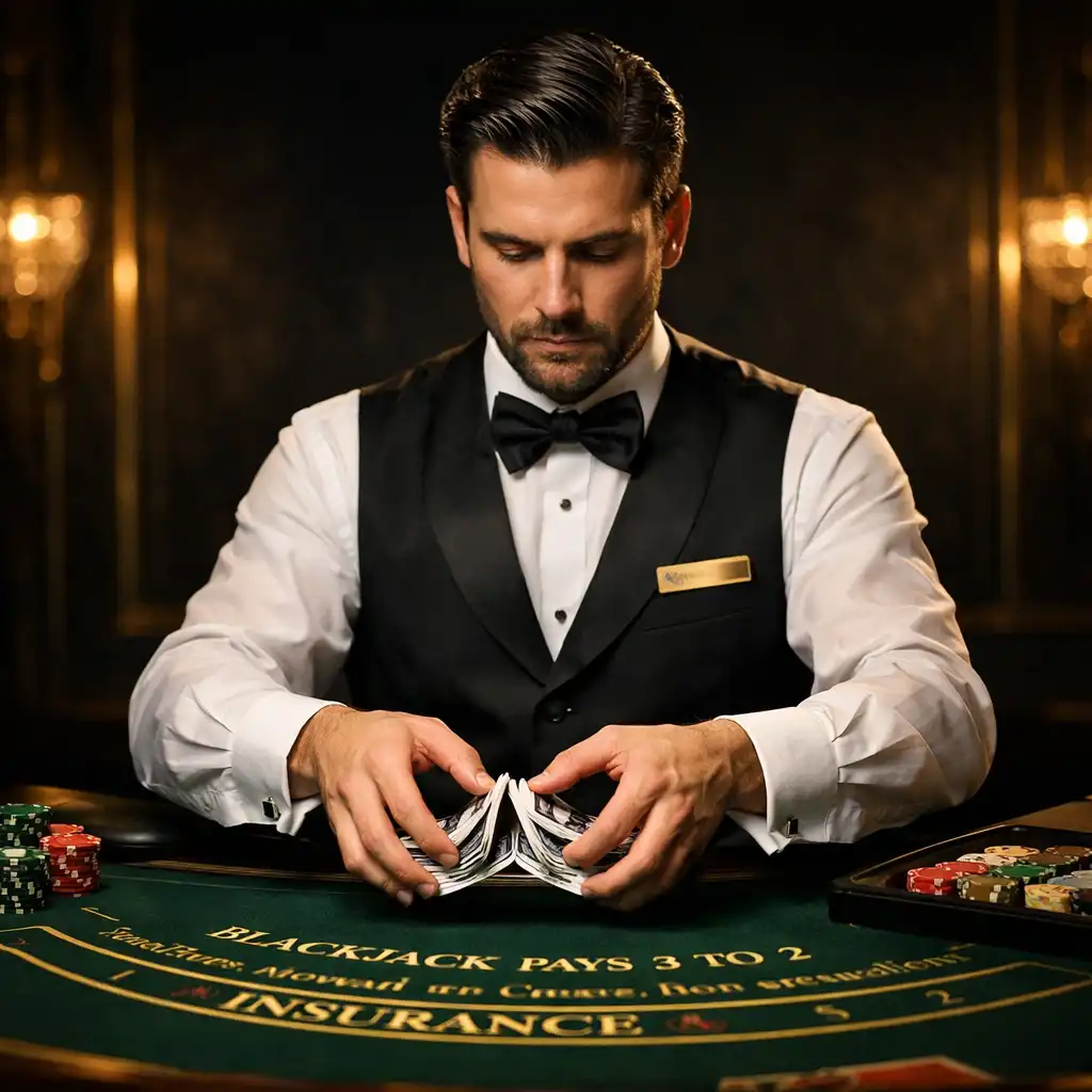 Professional croupier shuffling cards at a blackjack table