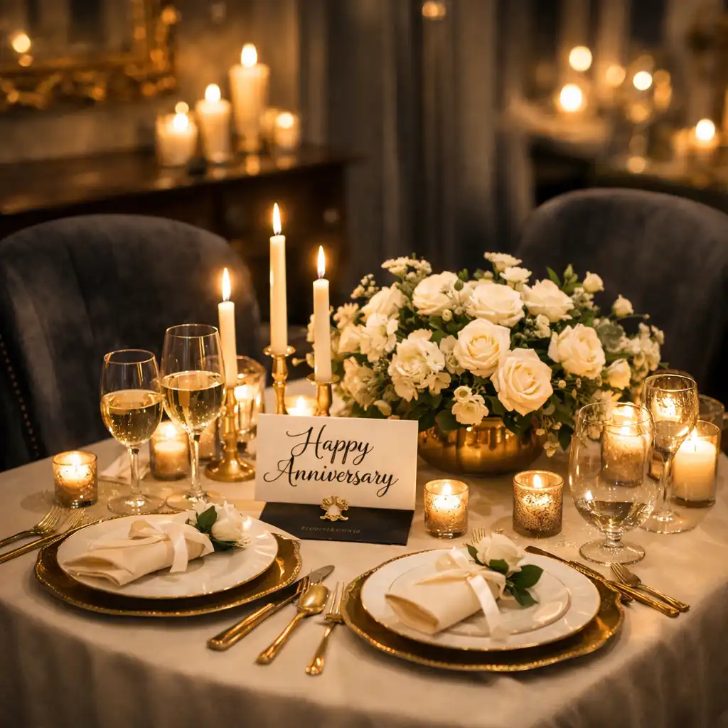 Intimate anniversary table for two with candles, floral arrangements, and gold-rimmed glassware